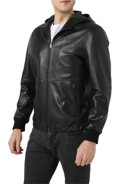 mens-sports-black-hooded-faux-leather-bomber-jacket