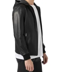 mens-sports-black-hooded-faux-leather-bomber-jacket