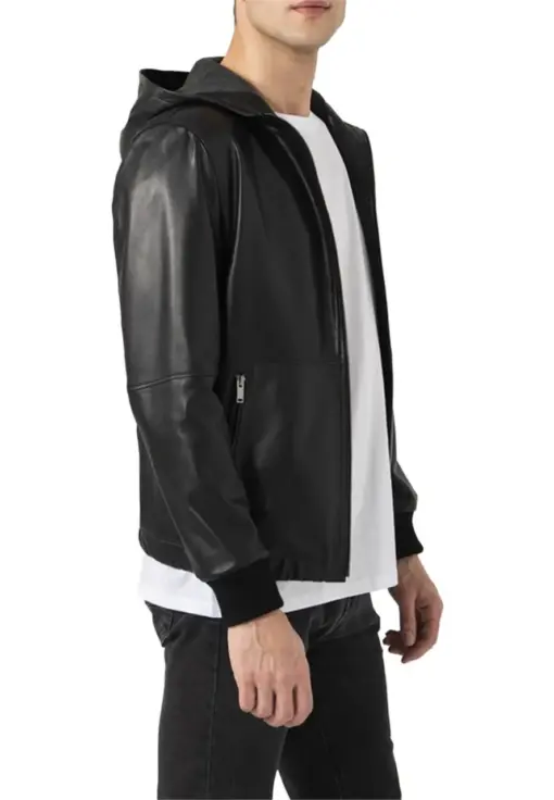 mens-sports-black-hooded-faux-leather-bomber-jacket