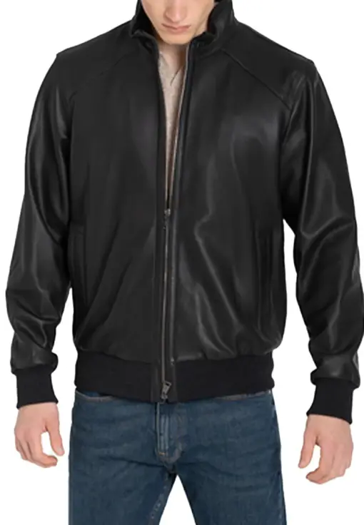 mens-sporty-black-faux-leather-bomber-jacket