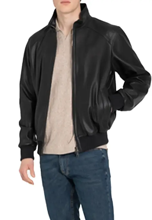 mens-sporty-black-faux-leather-bomber-jacket