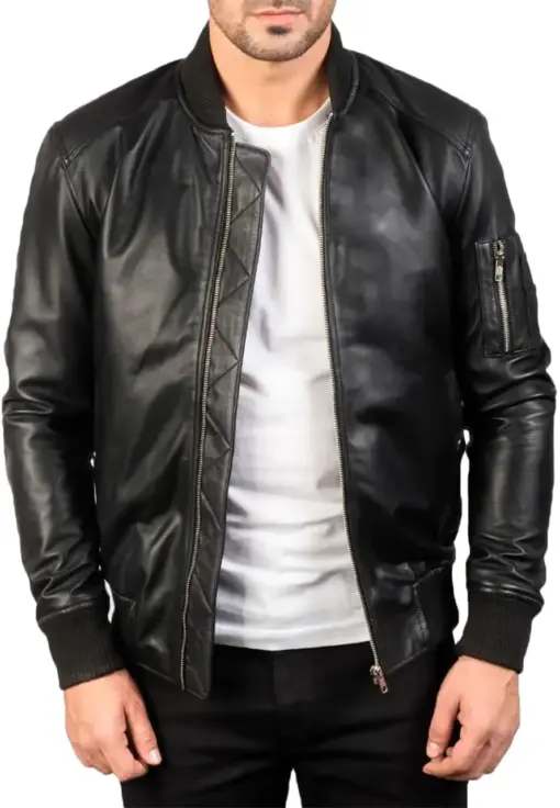 mens-stylish-black-faux-leather-bomber-jacket