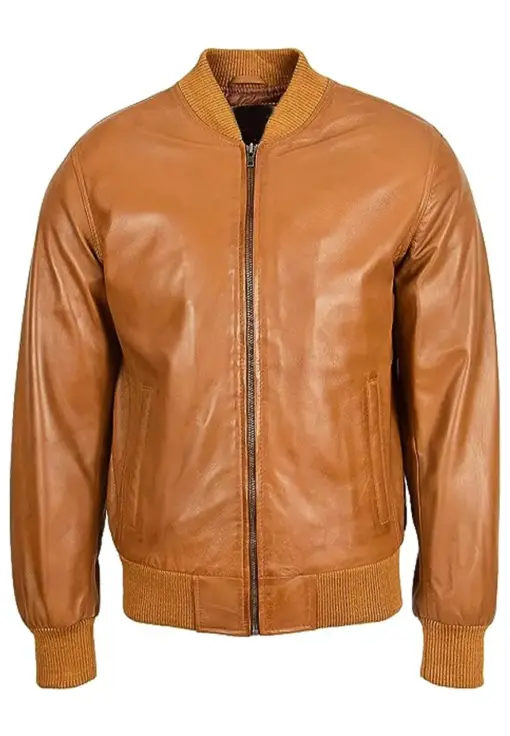 Men's Tan Faux Leather Bomber Jacket