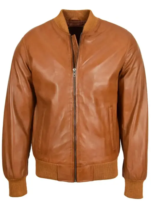 Men's Tan Faux Leather Bomber Jacket