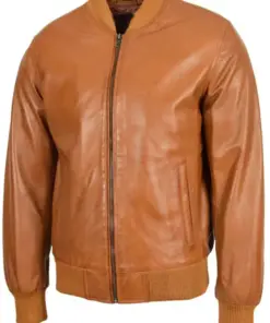 Men's Tan Faux Leather Bomber Jacket