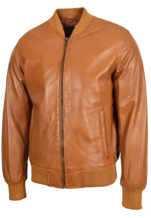 Men's Tan Faux Leather Bomber Jacket