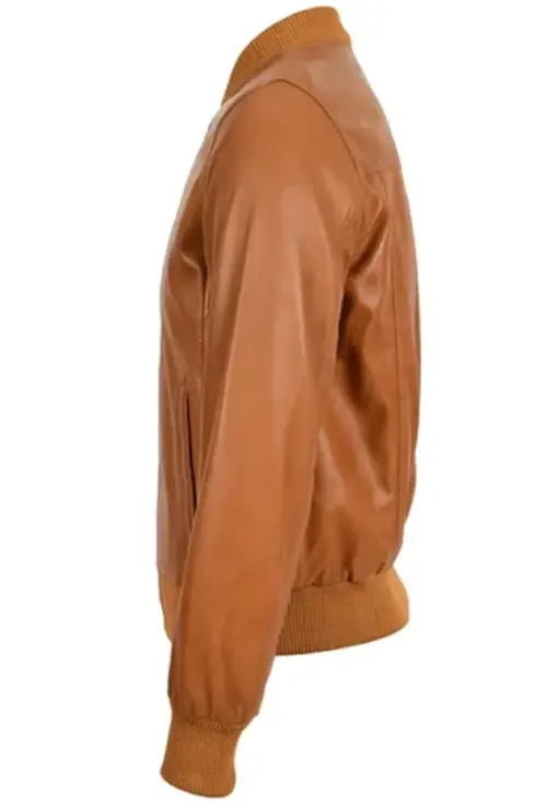 Men's Tan Faux Leather Bomber Jacket