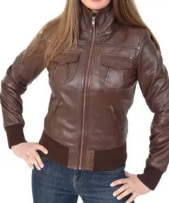 womens-casual-brown-faux-leather-bomber-jacket