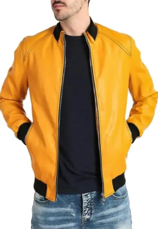 mens-classic-yellow-faux-leather-bomber-jacket