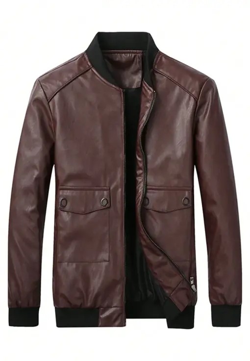 mens-flap-pocket-brown-bomber-faux-leather-jacket