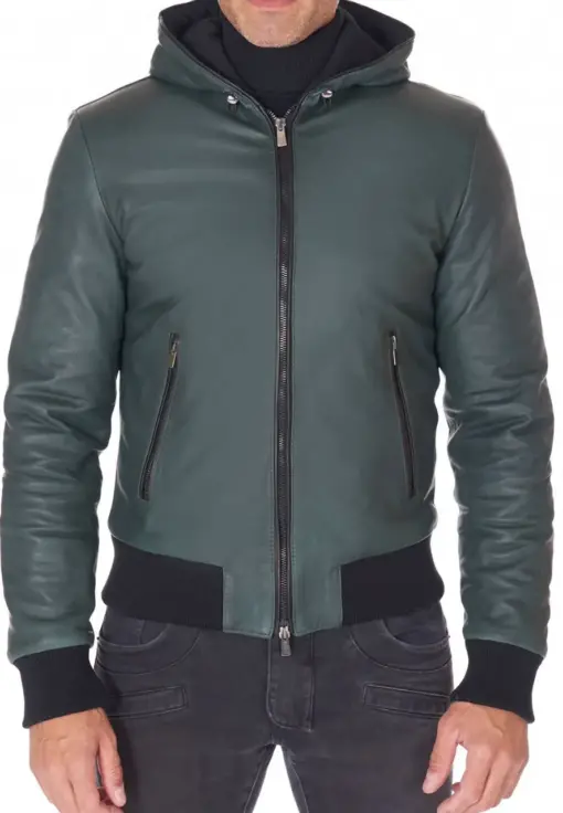 mens-green-faux-leather-biker-hooded-jacket