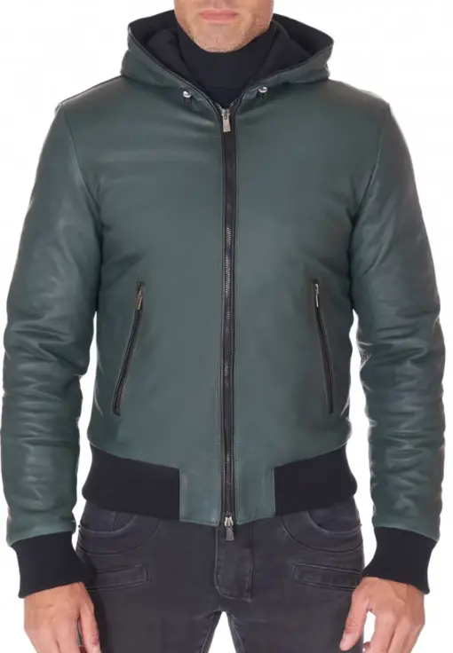 mens-green-faux-leather-biker-hooded-jacket