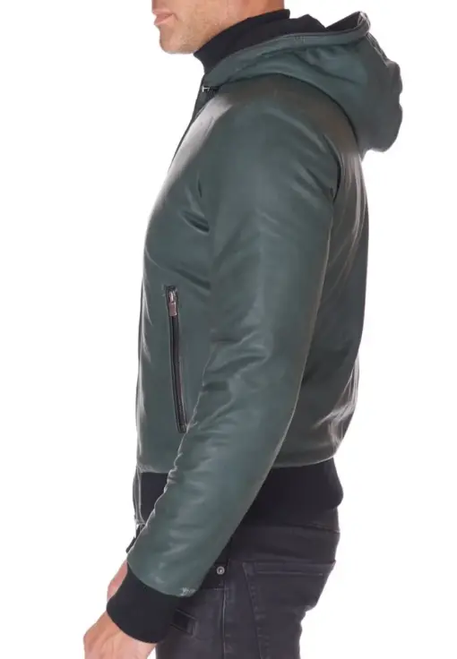 mens-green-faux-leather-biker-hooded-jacket