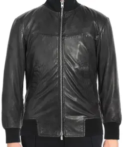 mens-knitted-collar-black-faux-leather-bomber-jacket