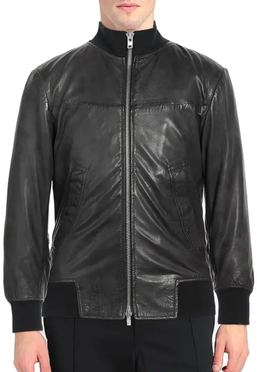 mens-knitted-collar-black-faux-leather-bomber-jacket