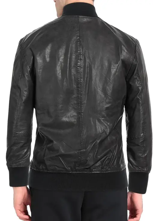 mens-knitted-collar-black-faux-leather-bomber-jacket